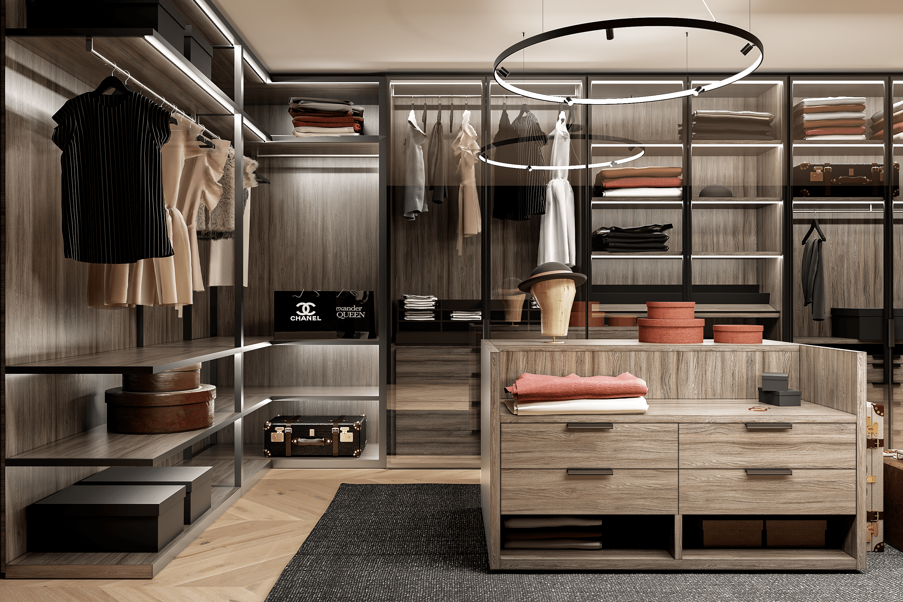 Bespoke illuminated dressing room cabinetry