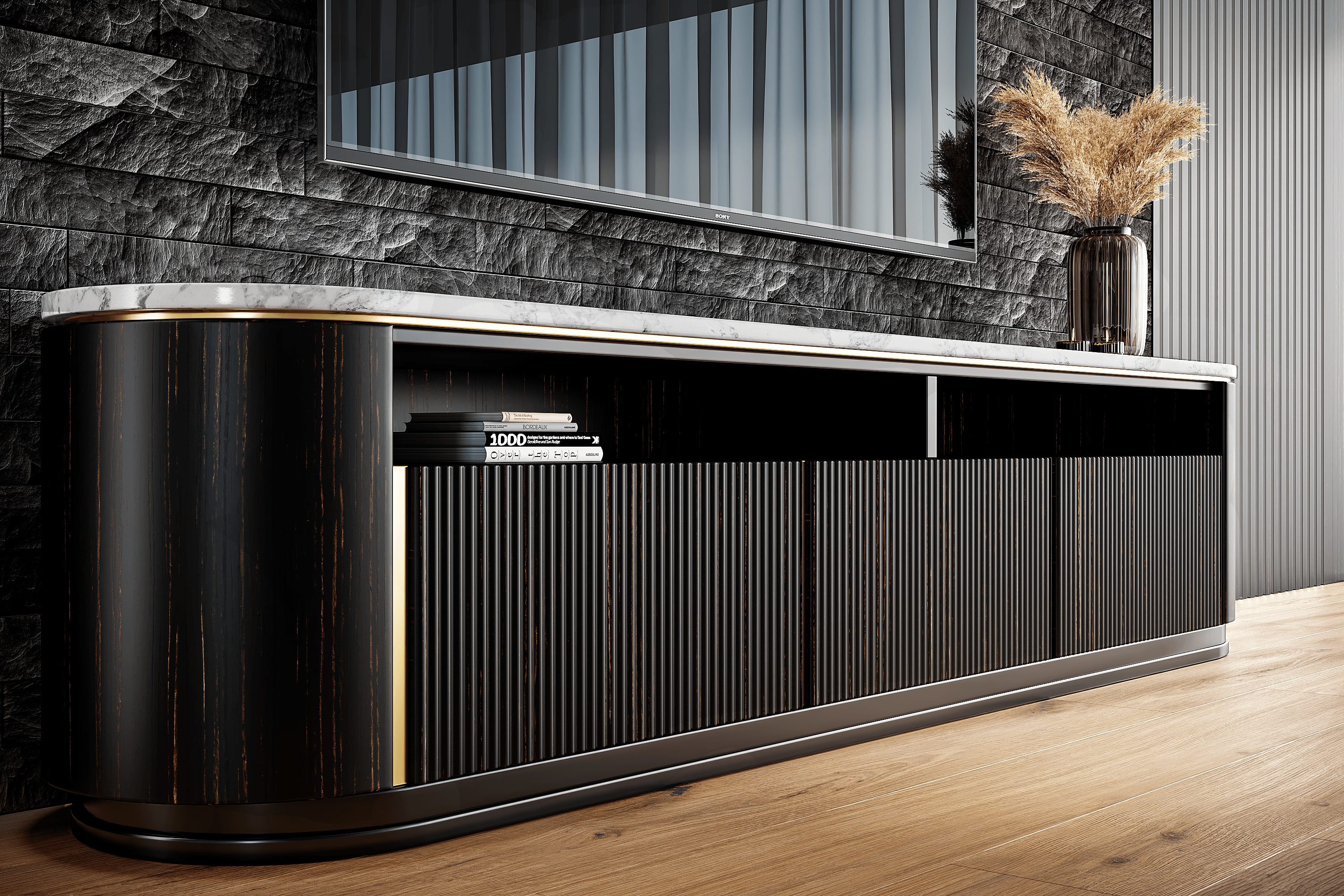 Dark bespoke cabinetry with a refined stone surface
