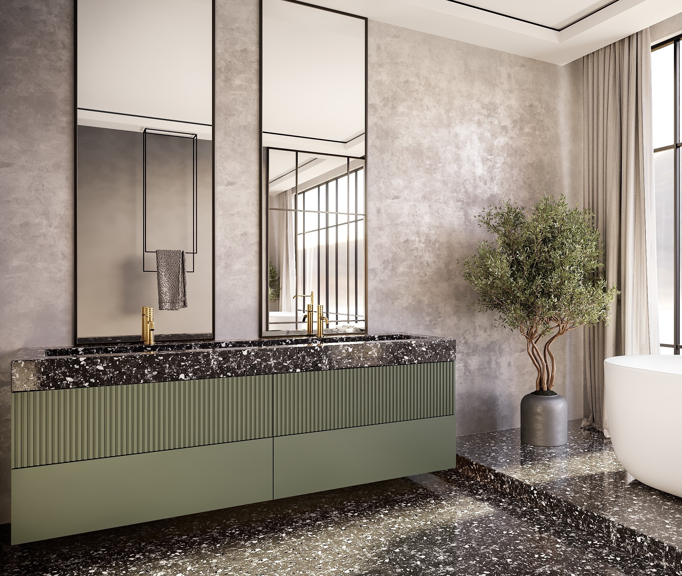 Complete interior setting with custom furniture, stone surfaces, and architectural joinery