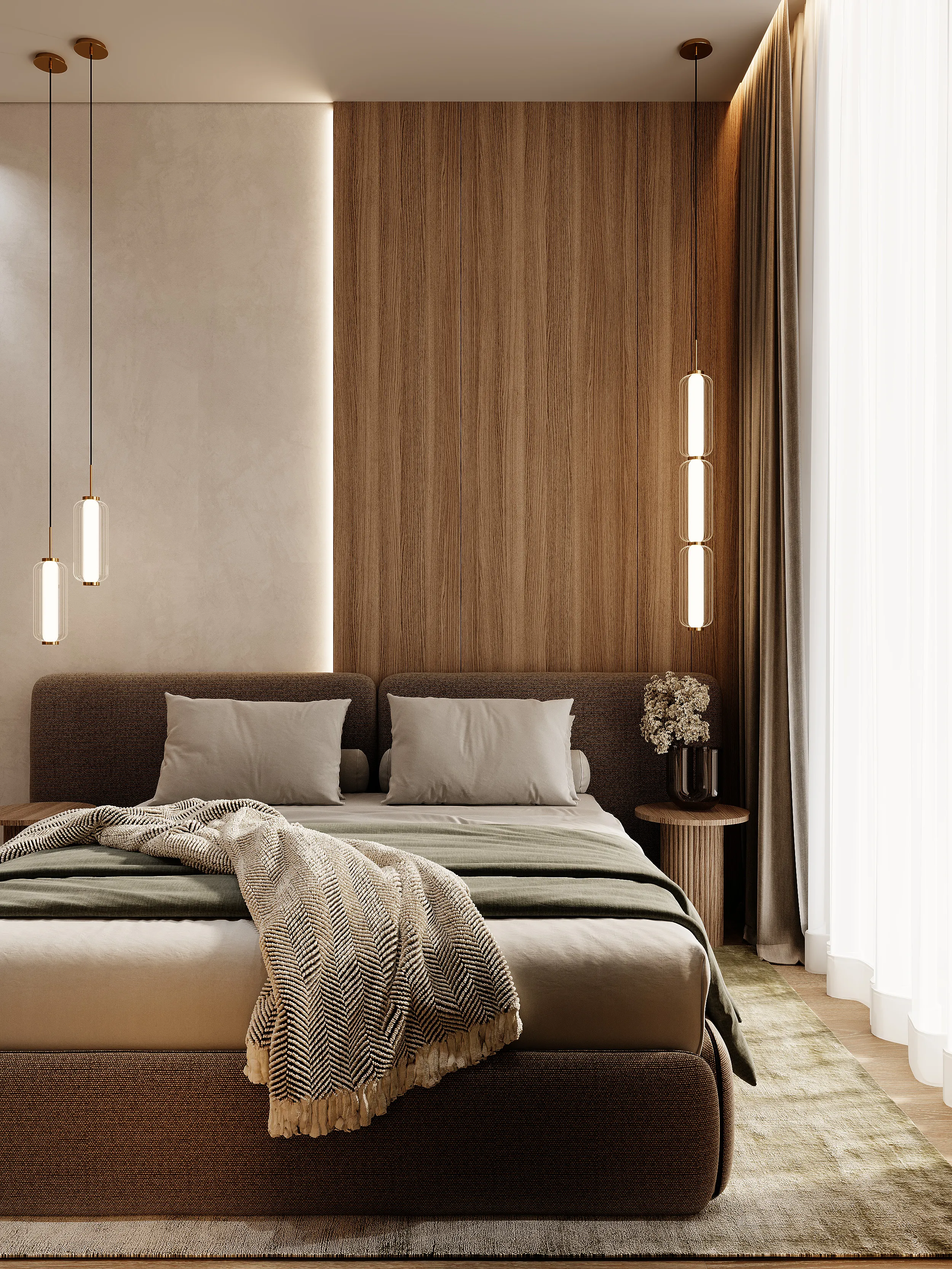 Bedroom with wood wall panels, an upholstered bed, and pendant lighting