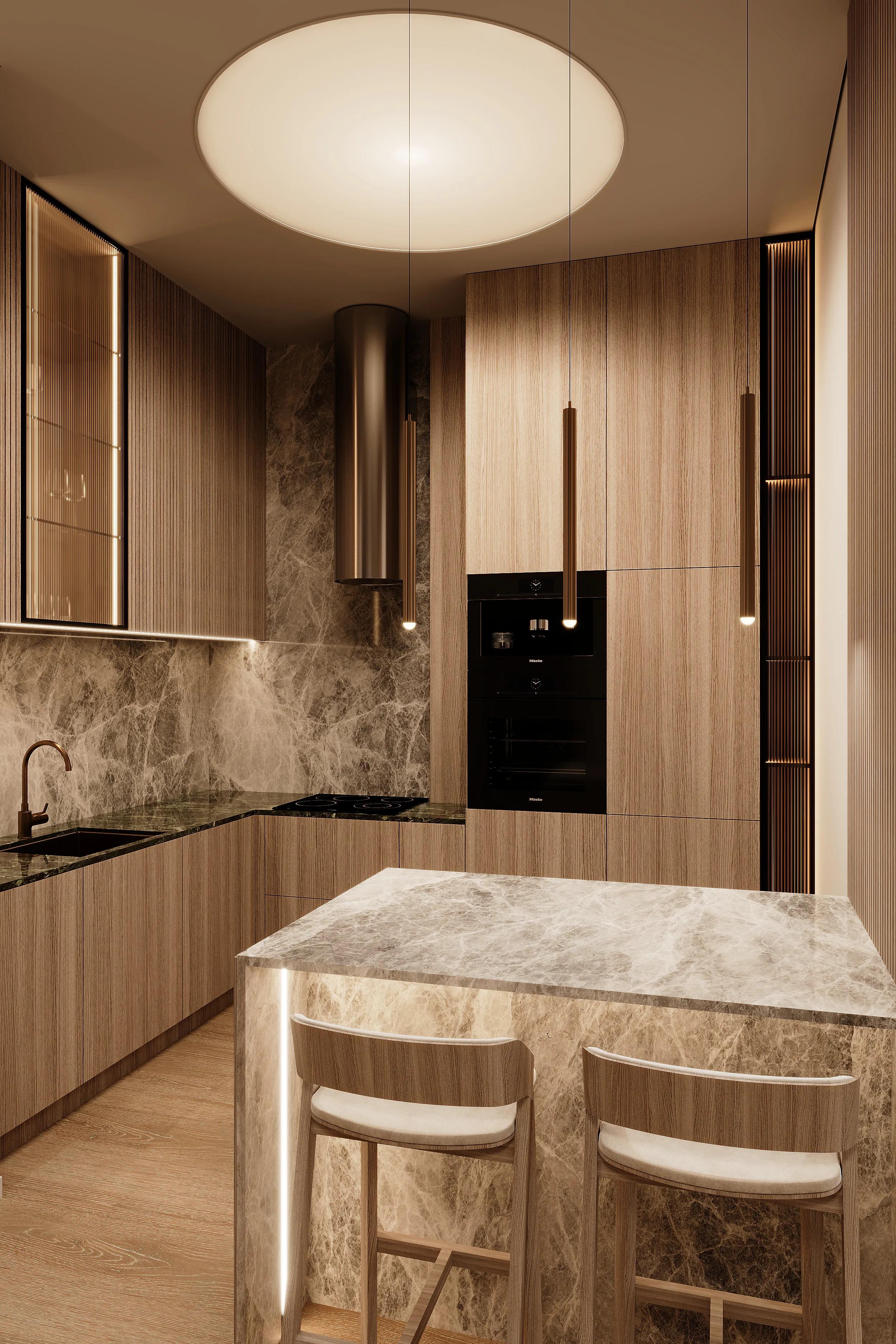 Bespoke kitchen with wood cabinetry, veined stone surfaces, and pendant lighting