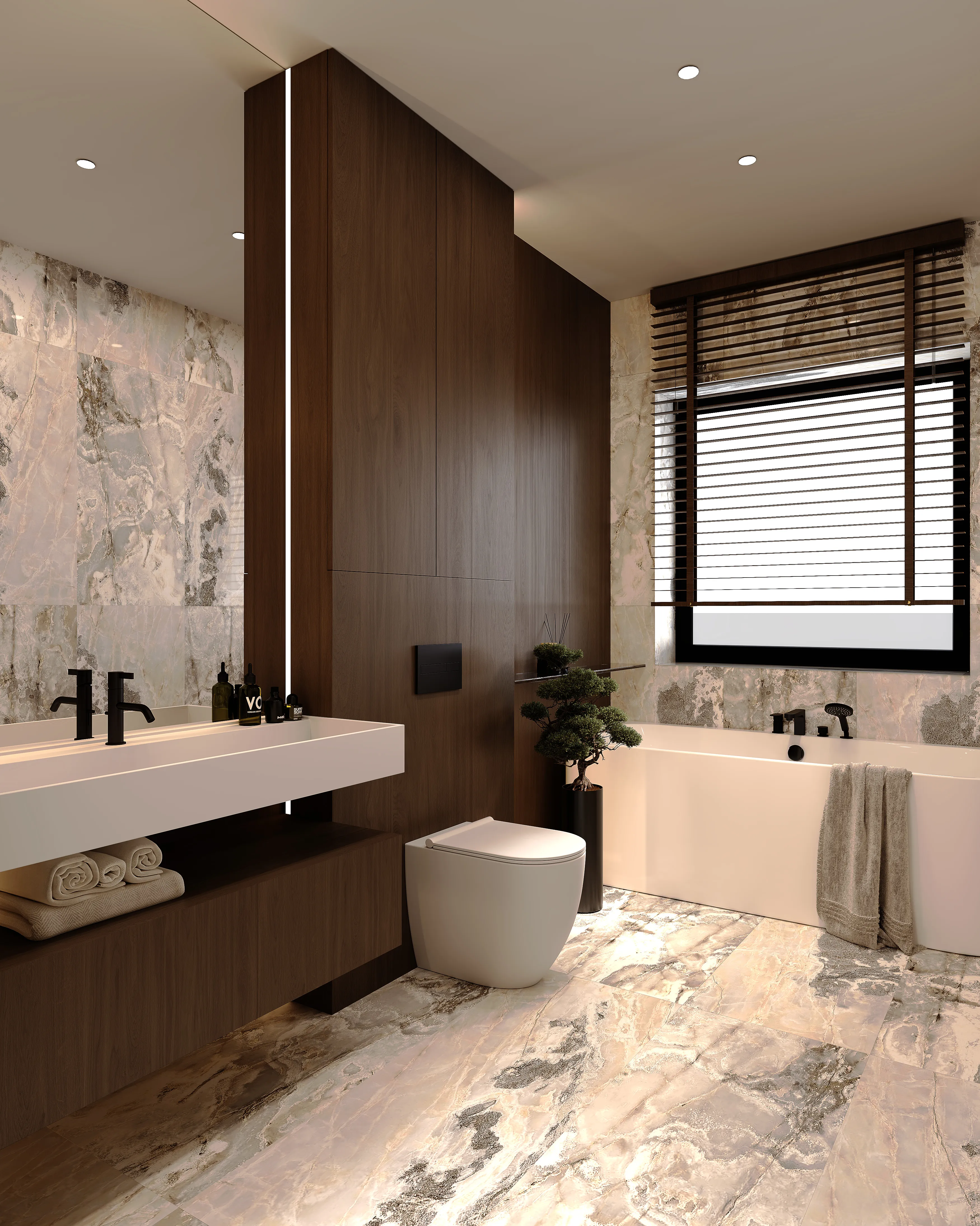 Bathroom with veined stone finishes, dark wood cabinetry, and a freestanding bathtub