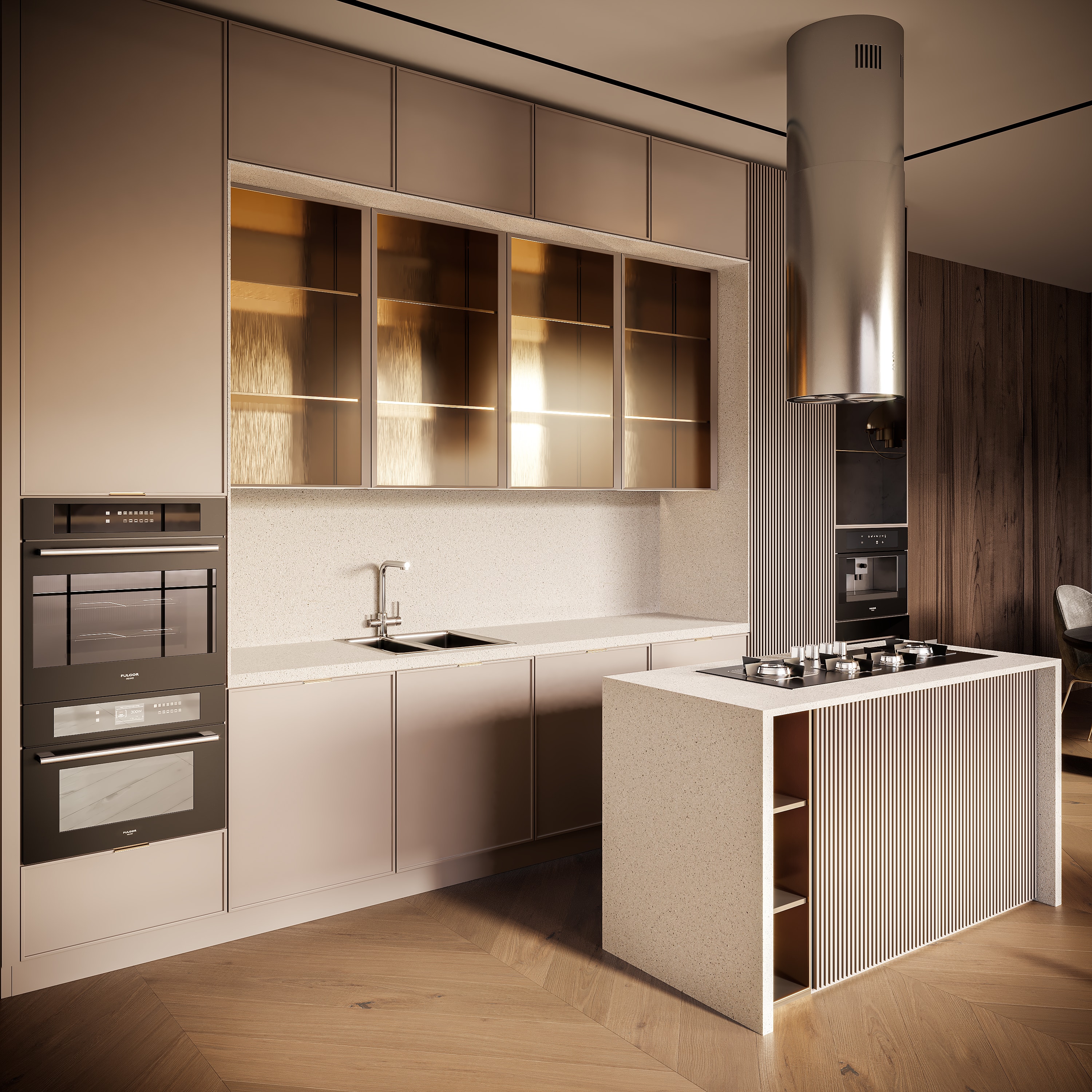 Bespoke interior element with layered natural materials and precise finishing