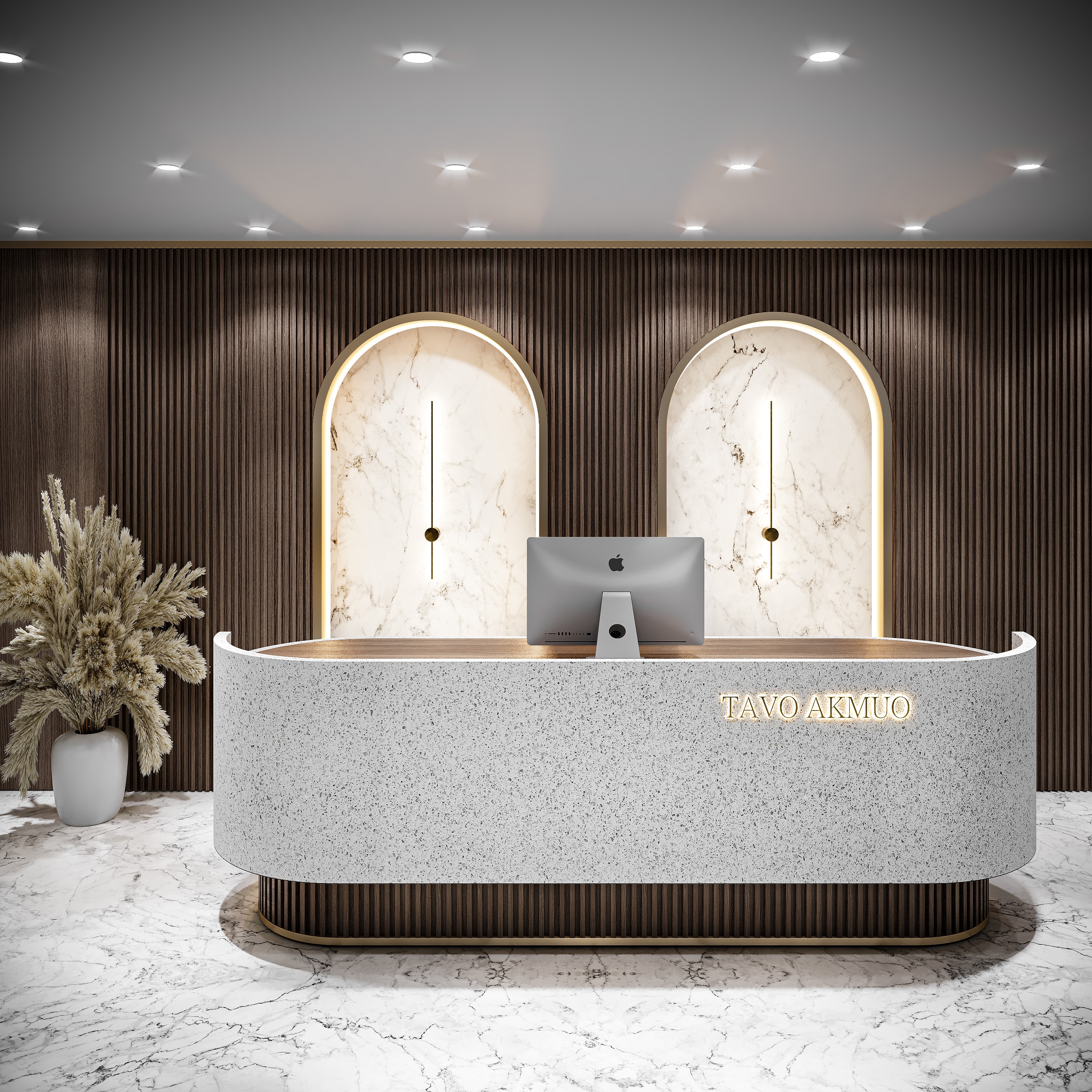 Tailored reception interior with warm architectural lighting and refined stone details