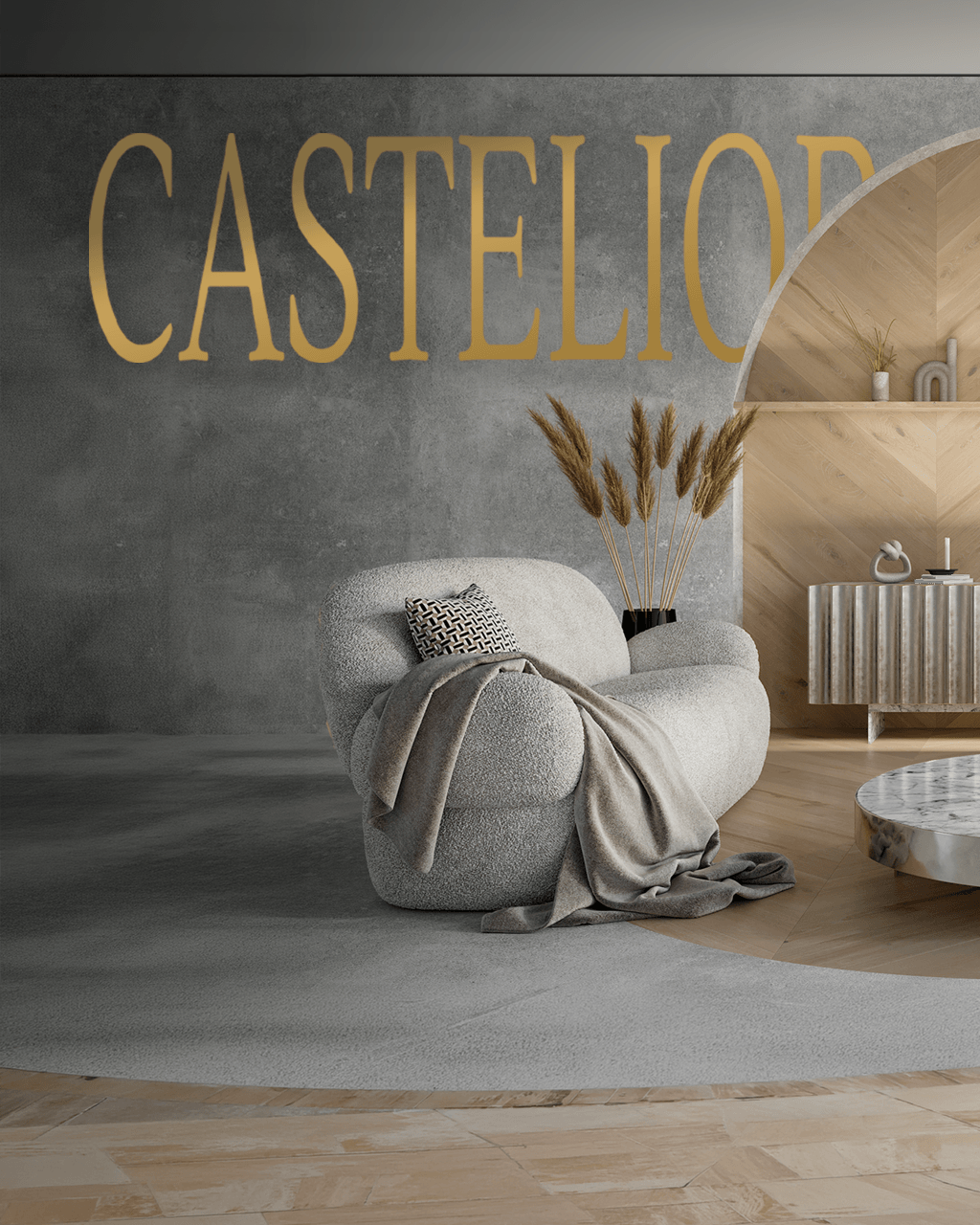 Refined Castelior interior lounge with curved chairs, marble table, wood cabinetry, and sculptural lighting