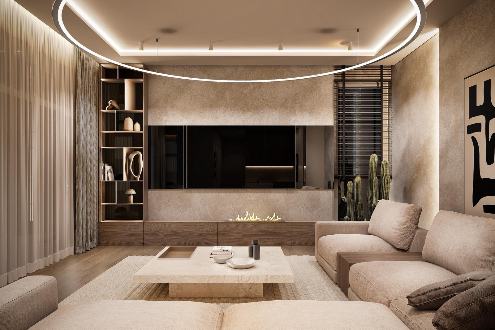 Minimal custom kitchen and workspace interior with pale cabinetry, marble surfaces, and black architectural lighting