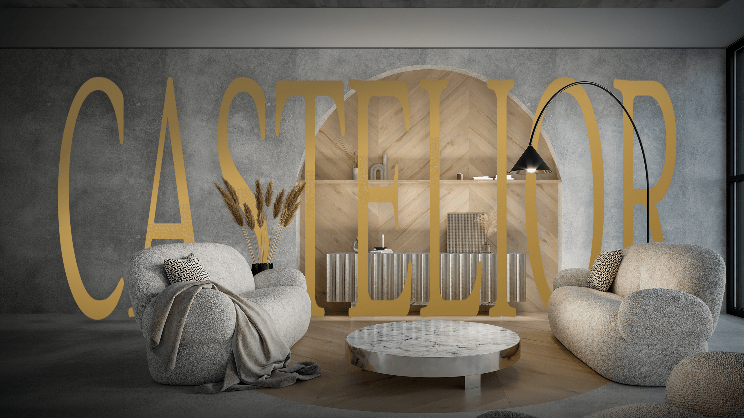 Refined Castelior interior lounge with curved chairs, marble table, wood cabinetry, and sculptural lighting